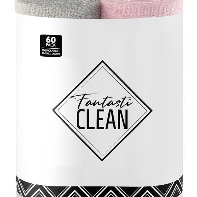 Fantasticlean Microfiber Cleaning Cloth Roll -60 Pack, Tear Away Microfiber Towels, 12" x 12", Reusable, Washable, Scratch Free, Ultra Absorbent Dish Rags for Car, Home, Garage or Shop (Pink & Grey)