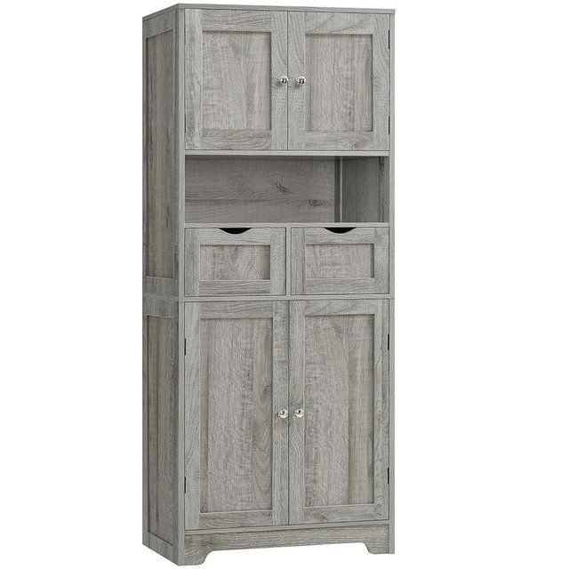TEENFON 57.8" H Tall Storage Cabinet with 2 Drawers & 2 Adjustable Shelves, Bathroom Storage Cabinet with 4 Doors, Floor Cupboard, for Living Room, Dining Room, Entryway, Woodgrain Gray