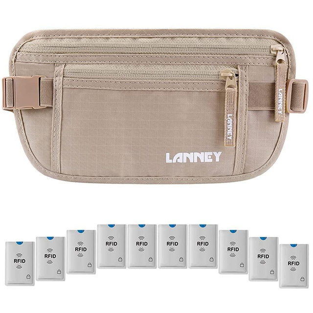 Travel Money Belt RFID Blocking for Men Women Waist Wallet with 10 RFID Sleeves