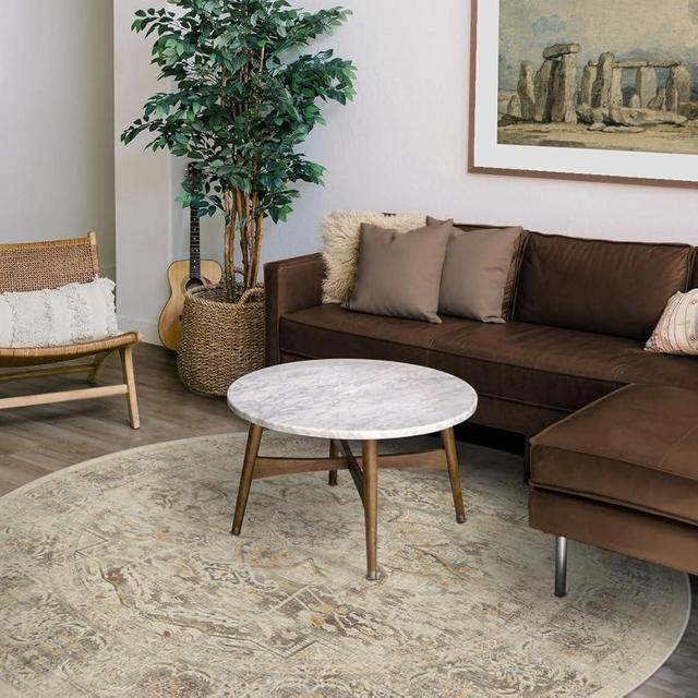 Ruggable Washable 8 ft Round Rug, Sarrah Hazel, Premium Vintage Rugs for Living Room, Bedroom, Kitchen, Office, Classroom with Gripper Non Slip Pad