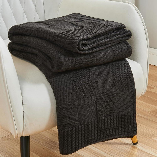CozeCube Knit Throw Blanket, Black Checkered Throw Blanket for Couch, Soft Cozy Warm Knitted Throw Blanket for Couch Bed Sofa Living Room, Decorative Spring Fall Throw Blanket 50"X60", Jet Black