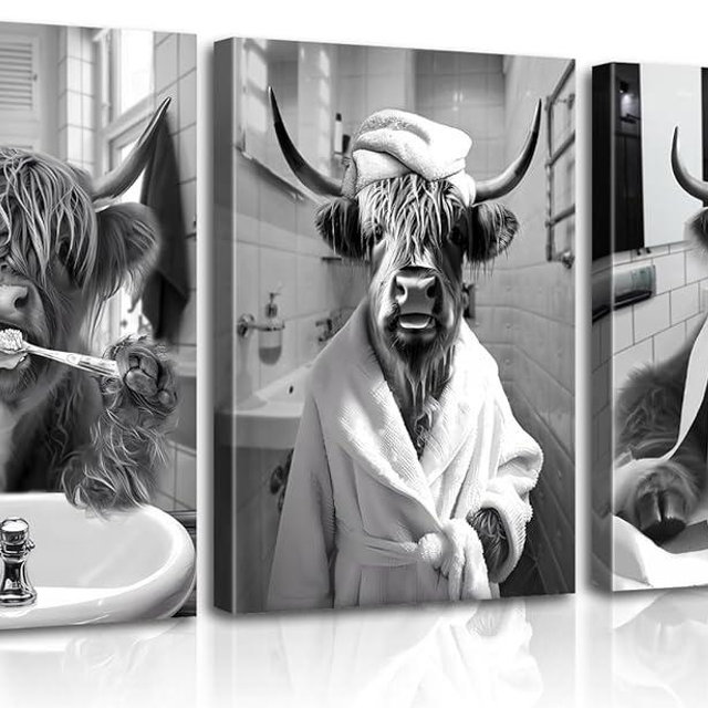 Framed Funny Highland Cow Bathroom Canvas Wall Art Prints,Black and White Highland Cow Decor Animal Bathroom Art,Rustic Farmhouse Style Cow in Toilet for Home Decor Set of 3(12"X16")
