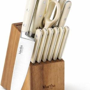 MARTHA STEWART Eastwalk 14 Piece High Carbon Stainless Steel Cutlery Kitchen Knife Block Set w/ABS Triple Riveted Forged Handle Acacia Wood Block - Linen White