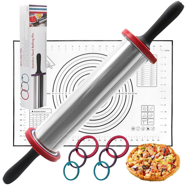 AGIgear Rolling Pins,Rolling Pin and Silicone Baking Pastry Mat Set,Rolling Pins,Adjustable Stainless Steel Rolling Pin with Thickness Rings for Baking Dough,Pizza,Pie,Pasta(Black Mat)