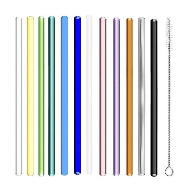 Colorful Glass Straws - 12 Pcs Reusable Drinking Straws with Cleaning Brush, 200x8 mm for Beverages, Shakes, Milk Tea, Juices