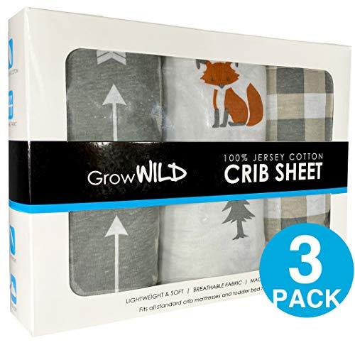 Grow Wild Crib Sheet 3 Pack | 100% Cotton, Jersey Soft | Grey Plaid Fox Arrows | Baby Boy or Girl Woodland Crib Sheet
