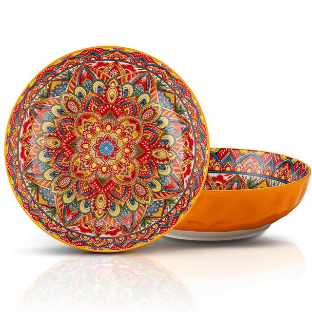 YUN TAO Large Serving Bowls,10 inch Ceramic Bowls, 75 Oz Capacity, Vibrant Orange Hue - Microwave and Dishwasher Safe for Salad, Pasta, Entertaining and Party (Set of 2)