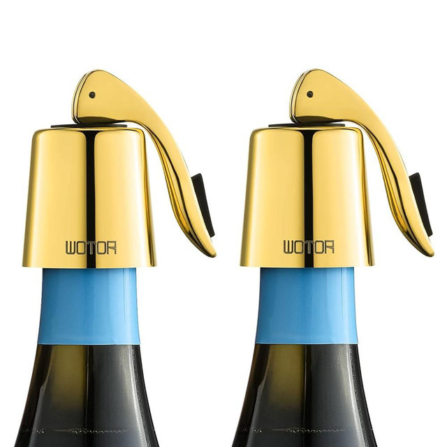WOTOR Stainless Steel Wine Bottle Stoppers with Silicone - Reusable Wine Saver and Decorative Bottle Sealer, Leakproof, Keep Fresh, Gold, 2 Pack