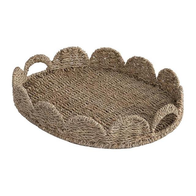 StorageWorks Large Wicker Serving Tray, Scalloped Edge Tray with Built-in Handles, Hand-woven Scalloped Rattan Serving Trays, Wicker Trays for Décor, Natural Seagrass