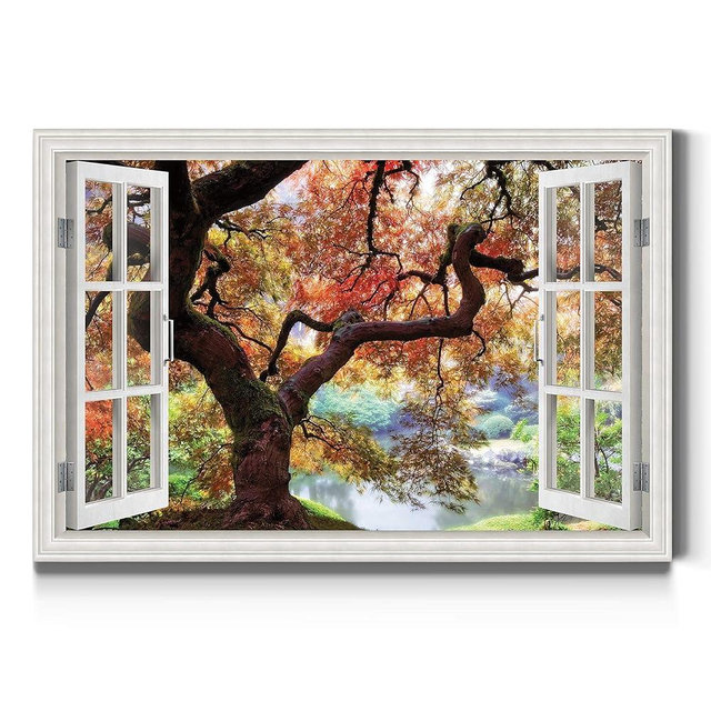 Renditions Gallery Nature Wall Art Scenic Window View of Autumn Forest near Lake Canvas Artwork Prints for Bedroom Living Room Office Decorations - 24"X36" LT04