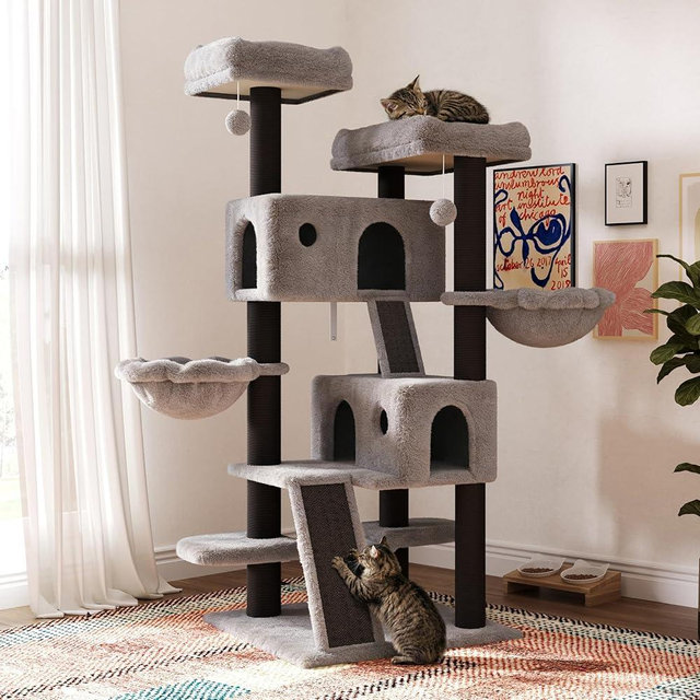 SHA CERLIN 65in Larger Cat Tree Tower Condo for Indoor Kitties/Multi-Level Furniture Activity Center with Wide Base/Cozy Plush Perches/Baskets/Sisal Scratching Posts and Hammock/Black & Grey