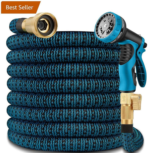 100FT Garden Hose - Expandable Garden Hose 100 FT w/10 Pattern Spray Nozzle, 3/4 in Patented Lead-Free Ultra-Lightweight Solid Fittings No-Kink(Blue Black)