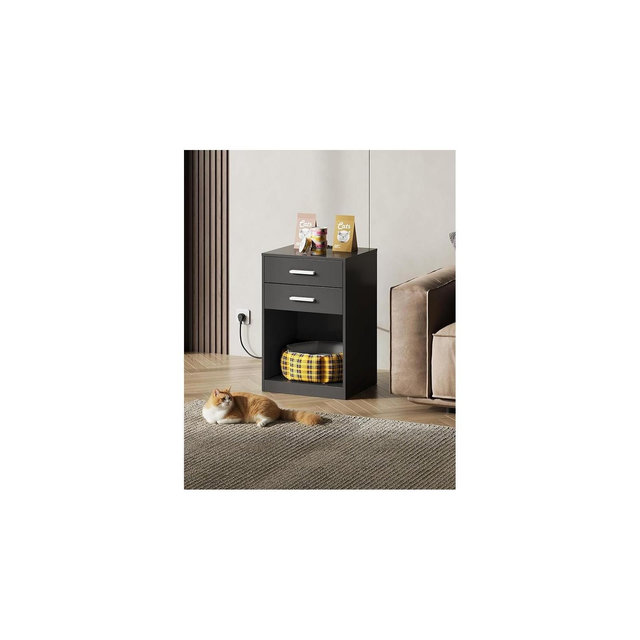 GALAXHERO Nightstand Set of 2 with Charging Station, Modern Bedside Tables with 2 Drawers, Wood End Tables for Bedroom or Living Room,Black