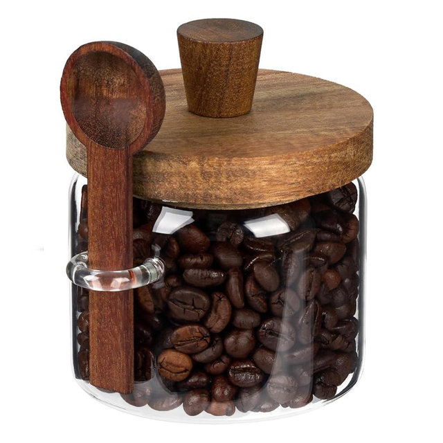 Bestgrinvyx Glass Coffee Bean Storage Container, Wood Lid with Spoon, Airtight Silicone Seal, BPA-Free (400ML/13.53OZ)