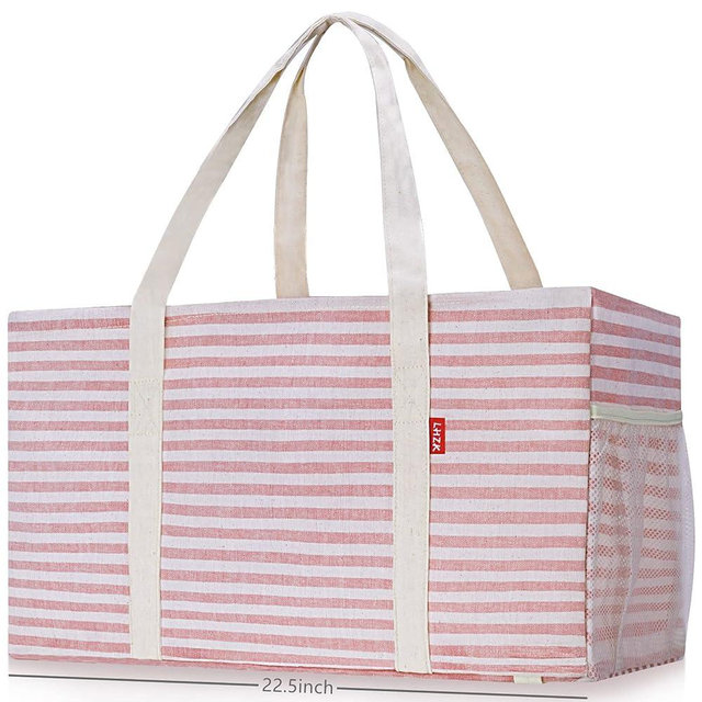 LHZK Standing Extra Large Utility Tote Bag with Metal Wire Frame and the Sides Rinforced, Extra Large Tote Bag with Handle, Reusable Grocery Bags Foldable, Beach Bag, Car Tote (Pink)