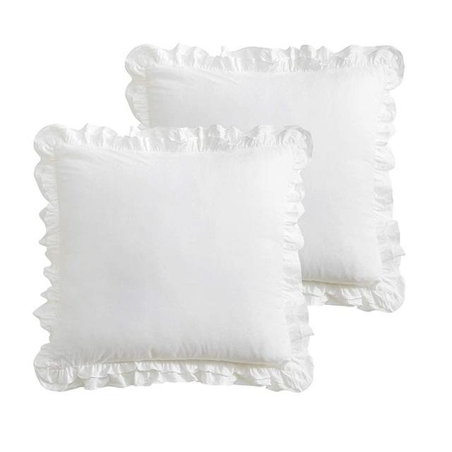 K MASANIJI 2 Pack Shabby Creamy White Ruffled Euro Shams, Washed Cotton 26x26 inches Farmhouse Boho Bed Pillow Shams (Creamy White, 26x26 inches)