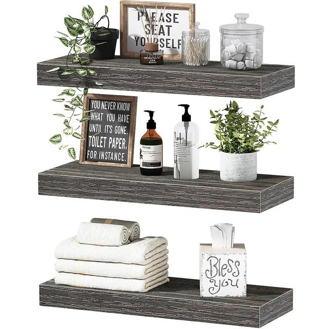 QEEIG Grey Floating Shelves Bathroom Shelf Bedroom Kitchen Rustic Small Book Shelf for Wall Set of 3 (015-GY3)