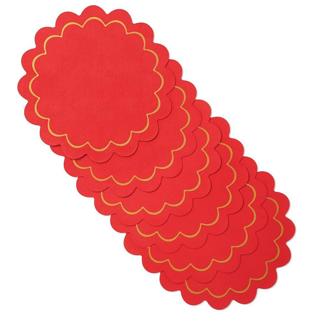 kate spade new york Scallop Edge Round Reversible Placemats 6-Pack Set, Imitation Leather with Metallic Print, Water Resistant, Easy Wipe Clean, Red/Gold, 15" Round