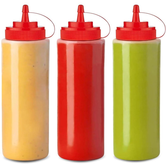 Leak-proof Condiment Squeeze Bottles for Sauces - 12 OZ Kitchen Squirt Bottles for Liquids - Plastic Condiment Bottles for Sauce, Ketchup, Dressing, Oil - Easy Pour & Clean, 3 Pack