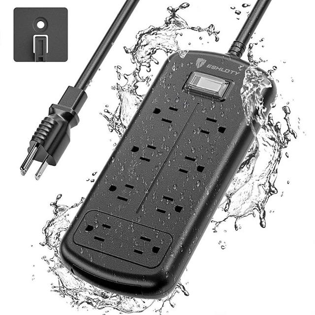 ESHLDTY 8-Outlets Outdoor Power Strip Weatherproof, Mountable Surge Protector with 6ft Extension Cord IPX6 Waterproof 1875W Overload Protection Outlet for Patio,Garage,Home Office(Black)