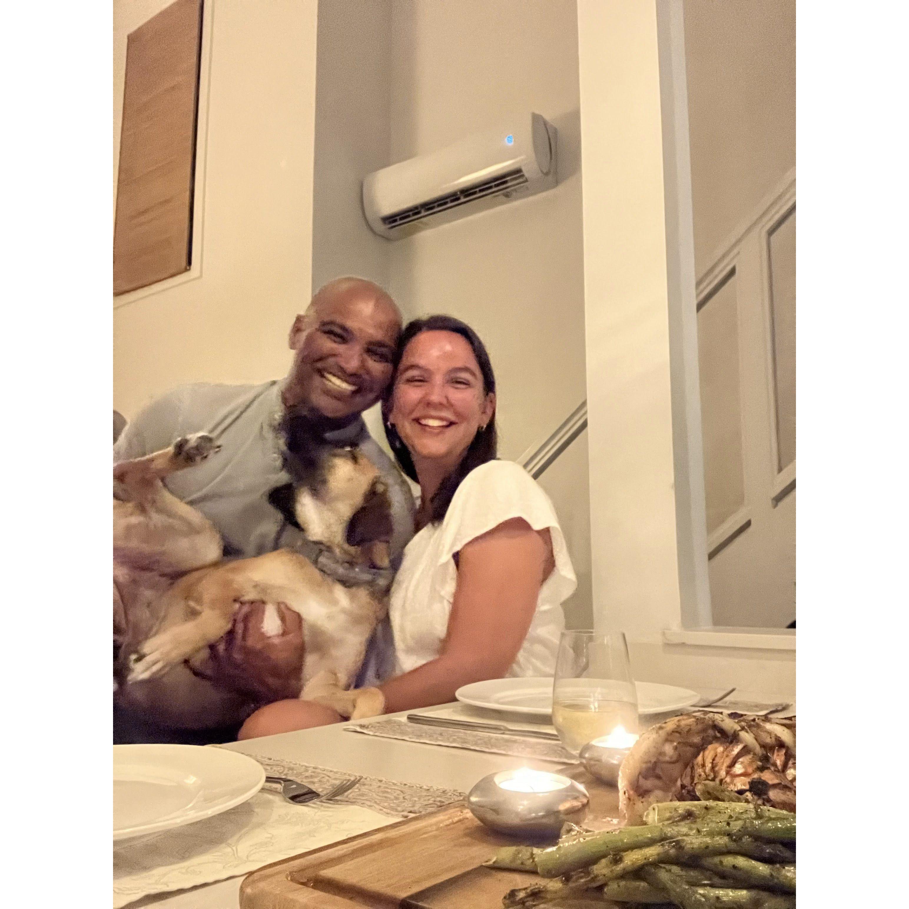 Sarah's first trip back to the island and first family picture together with Mango