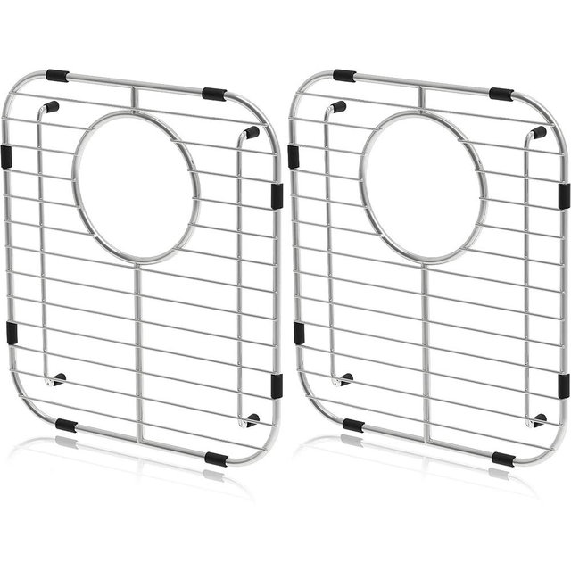 Orgneas Sink Protectors for Kitchen Sink, Universal Double Bowl Sink Bottom Grid 13.2"x11.6"x1.25", 304 Premium Stainless Steel Kitchen Sink Protector Grid Sink Grate Rack Rear Drain 2 Packs