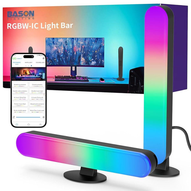 BASON LIGHTING Smart Light Bars, RGB-ICW Smart Led Lights with Music Sync, Bluetooth RGB Desk Light, Gaming Lights for PC, TV, Mood Lighting, USB Powered for Room Decoration.