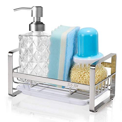 HULISEN Sponge Holder, Kitchen Sink Organizer, Sink Caddy, Sink Tray Drainer Rack, Brush Soap Holder with Removable Tray (Silver)