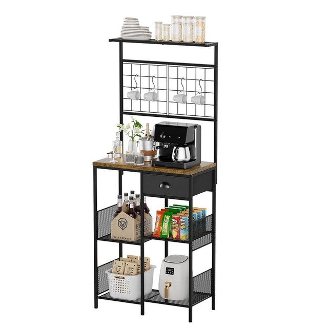 Aduanbang Farmhouse Coffee Bar Cabinet with Storage Drawer, Extended Worktop Corner Station, Home Bar Table for Living Room, Entryway (Brown)