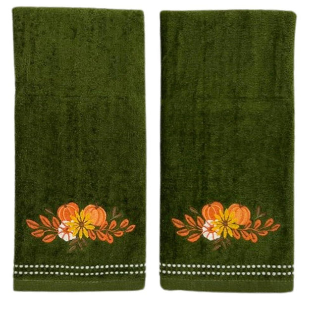 Serafina Home Autumn Fall Bath Hand Towels Bathroom Decor Farmhouse Harvest: Forest Dark Green 100% Cotton Towels with Embroidered Flowers Floral Motif with Stitched Border, 2 Piece Set
