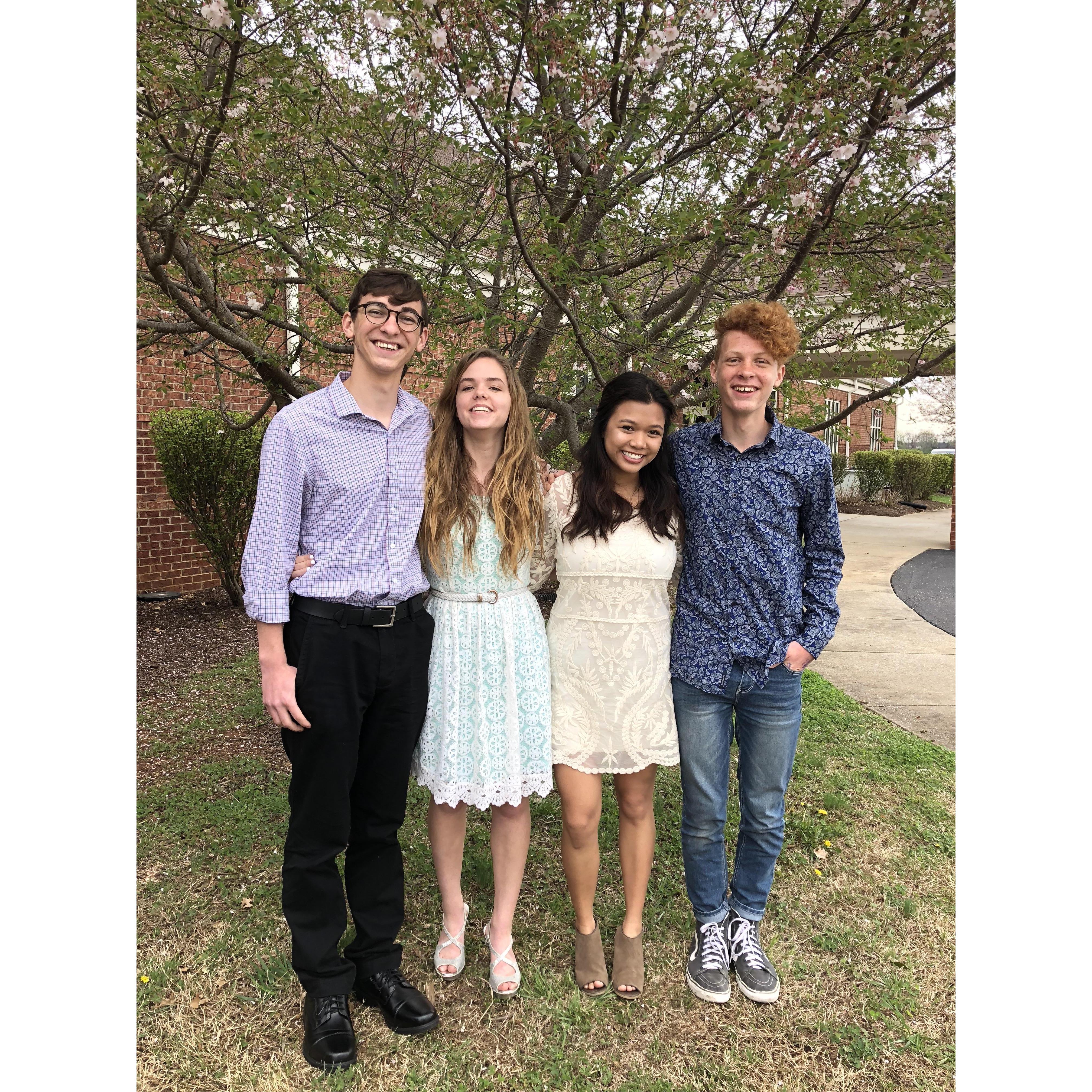 A picture of us before we were dating with our future maid of honor, Rio Quilao, and best man, Aidan Dodson. We visited Hannah's home church on Easter Sunday, 2018.