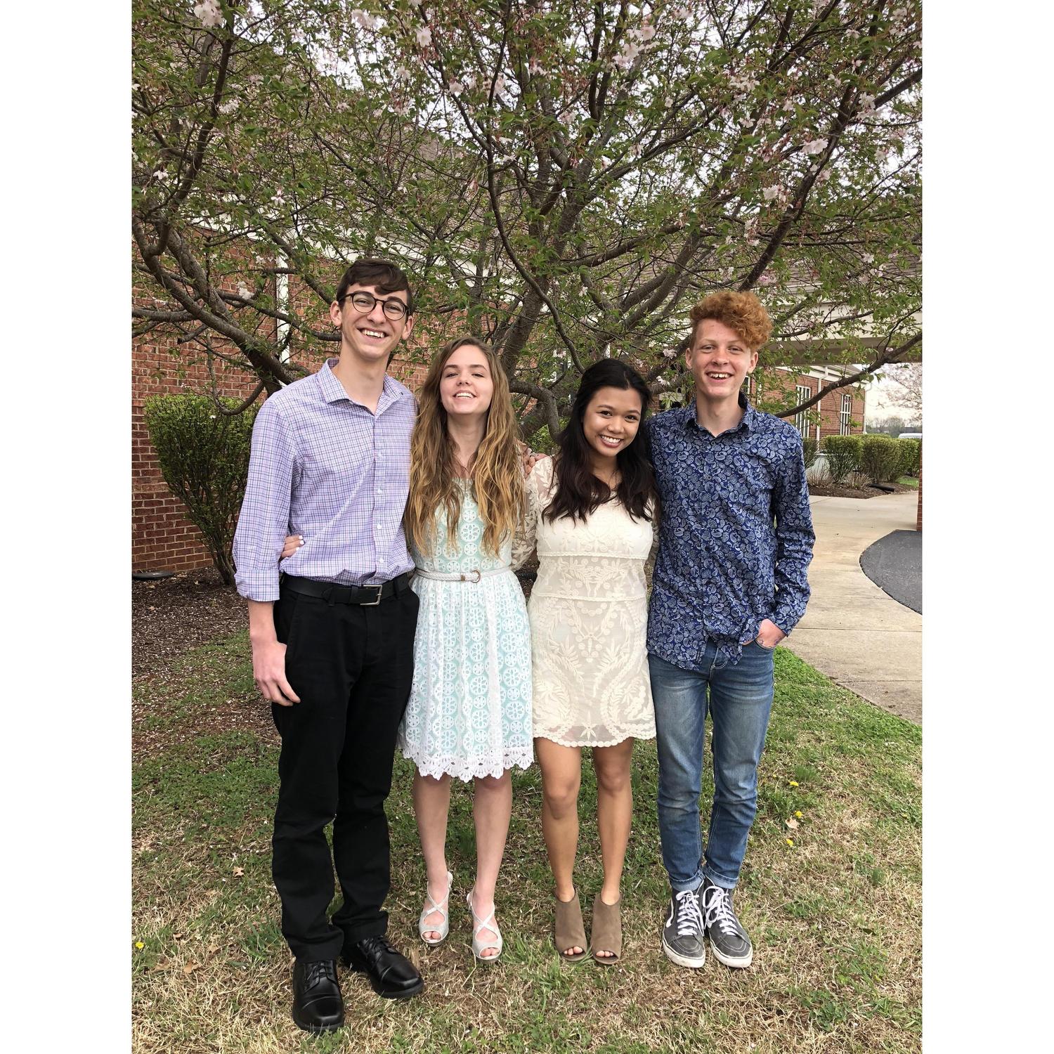 A picture of us before we were dating with our future maid of honor, Rio Quilao, and best man, Aidan Dodson. We visited Hannah's home church on Easter Sunday, 2018.