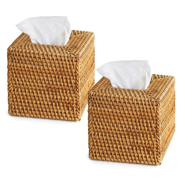 Rattan Tissue Box Cover, Natural Woven Wicker Tissue Box Holder Square, Simple & Cozy Boho Decorative Facial Napkin Holder for Bathroom Living Room Kitchen Desk, 5.5x5.5x5.9 Inch-2 Pack, Local Stock