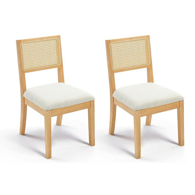 Westice Rattan Dining Chairs Set of 2, French Country Dining Room Chairs with Upholstered Cushion, Wood Armless Chairs for Kitchen/Restaurant