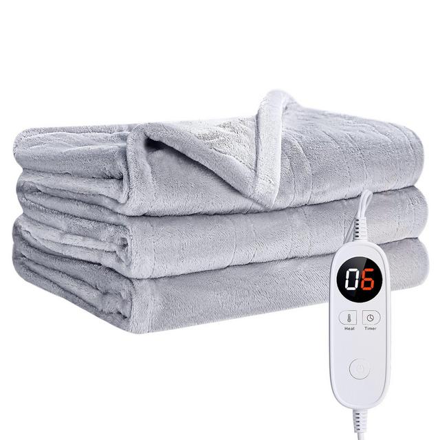 Hyleory 50x60" Electric Reversible Flannel Heated Throw Blanket, Light Gray