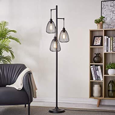 LeeZM Black Industrial Floor Lamp For Living Room Modern Floor Lighting Rustic Tall Stand Up Lamp Vintage Farmhouse Tree Floor Lamps For Bedrooms, Office Torchiere Standing Lamp 3 Light Bulbs Included