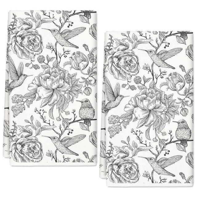 Generic AnyDesign Flower Bird Kitchen Towel White Black Dish Towel 18 x 28 Inch Retro Floral Hand Drying Tea Towel for Cooking Baking Party Supplies, 2Pcs, Large