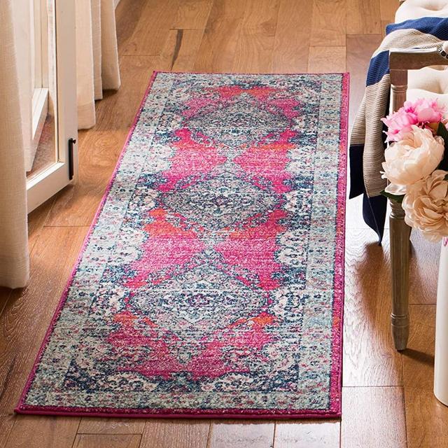 Safavieh Evoke Collection EVK250R Oriental Medallion Distressed Runner, 2'2" x 7' , Fuchsia / Navy