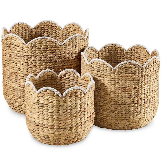 Best Choice Products 3pc Water Hyacinth Scalloped Multipurpose Nesting Baskets, Storage Bin Organization Totes for Living Room, Bedroom, Nursery, Laundry Room - Natural w/White Trim