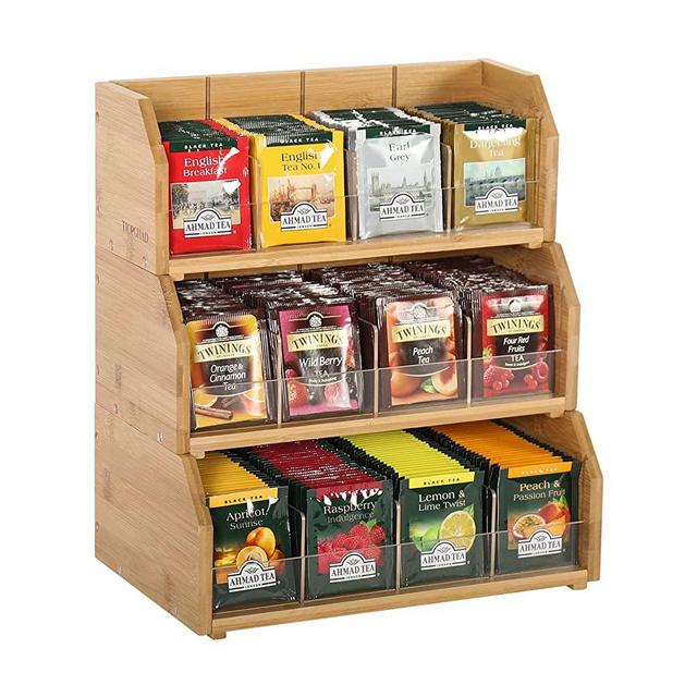 Bamboo Tea Bag Organizer Storage Holder for Tea Bags Stackable Wooden 3 Layer Tea Caddy Box Containers Tea Packet Rack Teabag Shelf Tea Station Stand for Cabinet Countertop Office