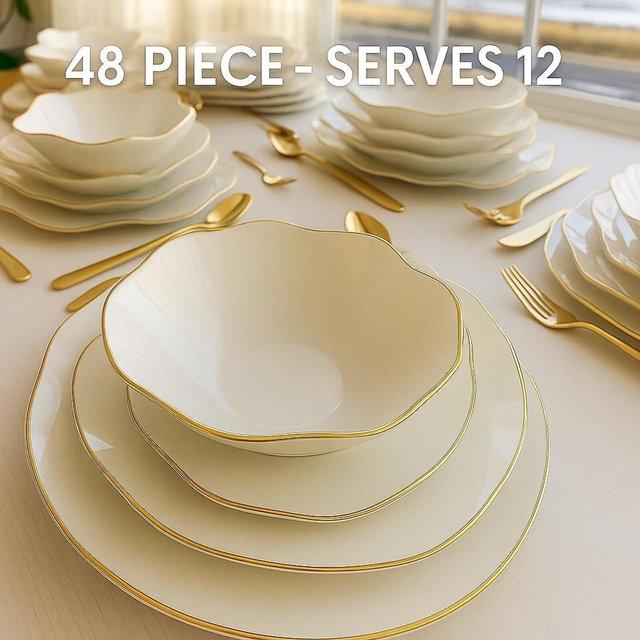 48-piece porcelain dinnerware set, white with gold rim plates and bowls, 12-person