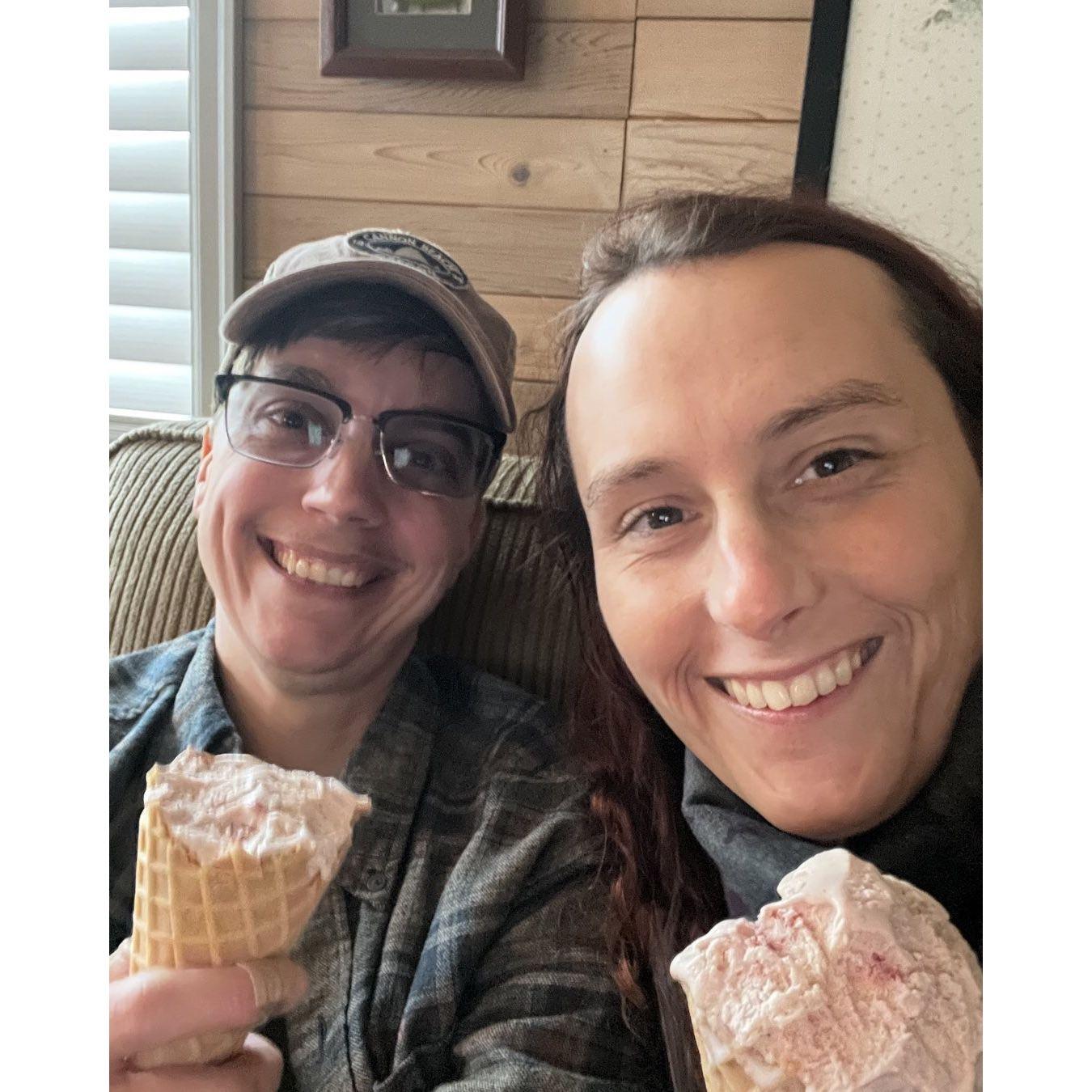 Enjoying some delicious Tillamook Strawberry Ice Cream at our Airbnb!