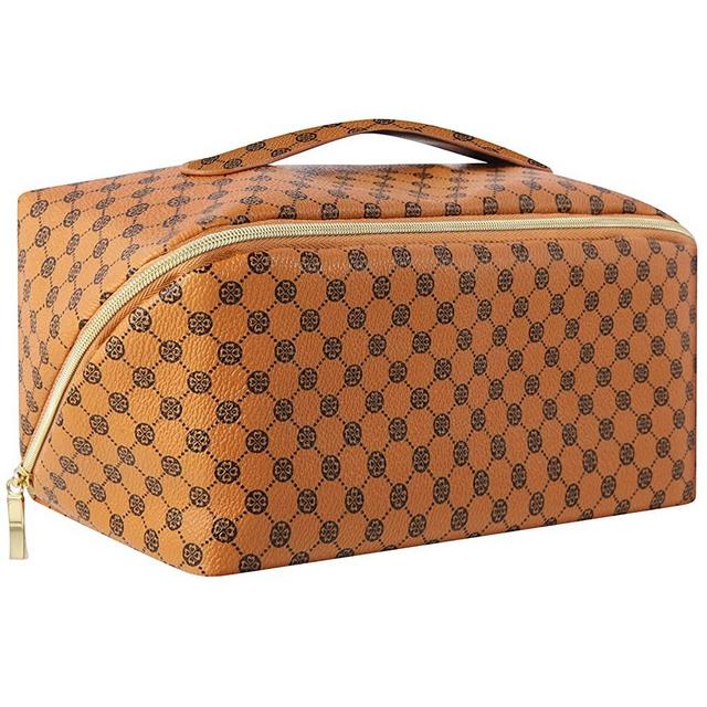 QFDS Large Capacity Travel Cosmetic Bag-Makeup Bag,Portable Leather Waterproof Women Travel Makeup Bag Organizer,with Handle and Divider Flat Lay Cosmetic Bags (Leaf Pattern - Brown)