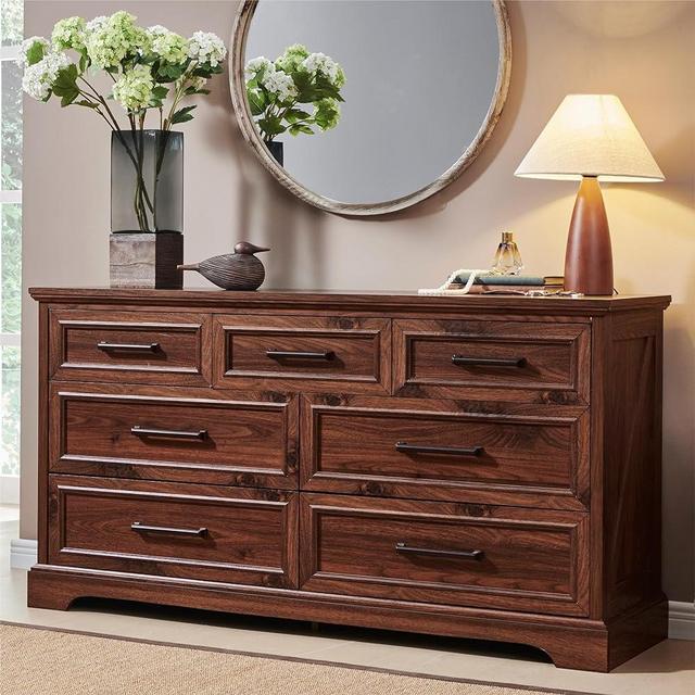 ACCOHOHO 7 Drawer Dresser, 52" Farmhouse Chest of Drawers for Bedroom, Wide Dresser TV Stand with Large Metal Handle, Modern Wood Drawer Organizer for Living Room, Hallway, Closet - Brown