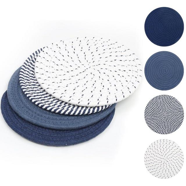 SHACOS 8 Inches Trivets for Hot Dishes, 4 Pieces Cotton Trivets Mats for Kitchen, Hot Pads for Countertops and Table, Heat-Resistant Pot Holders for Hot Pots and Pans(Blue, 4pcs)