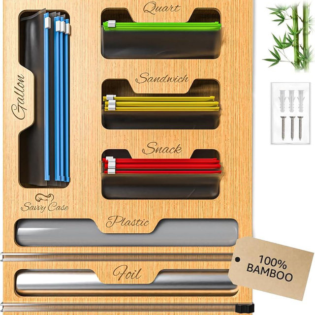 SavvyCase 6-in-1 Plastic Bag Organizer with 2 Sliding Cutters for Resealable Bags, Zipper Wraps, Aluminium Foil, Gallon, Quartz, Snacks, Sandwich | Organize Plastic Bags with Ease
