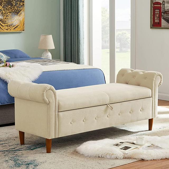 Modern Rolled Arm Storage Ottoman Bench, Multifunctional Storage Rectangular Sofa Stool, Linen Storage Benches for Bedroom Entryway Hallway Living Room (Beige)