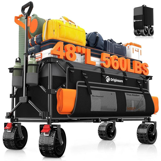 48" L Folding Beach Wagon Cart Foldable, 560lbs Weight Capacity 300L Heavy Duty Collapsible Wagons with Big All-Terrain Wheels, Utility Carts for Groceries, Shopping, Camping, Sports - Grey&Black