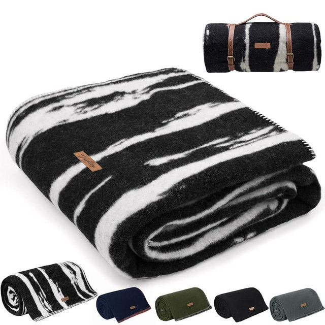 Molithe 100% Wool Blanket, 62" x 86", Warm, Thick, Washable, Military Wool Blanket, Great for Camping, Outdoors, Sporting Events, Survival Kits,Black White Striped