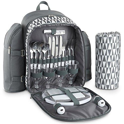 VonShef 4 Person Outdoor Picnic Backpack Bag Set with Blanket – Includes 29 Piece Dining Set & Insulated Cooler Compartment to Keep Food Chilled for Longer - Gray